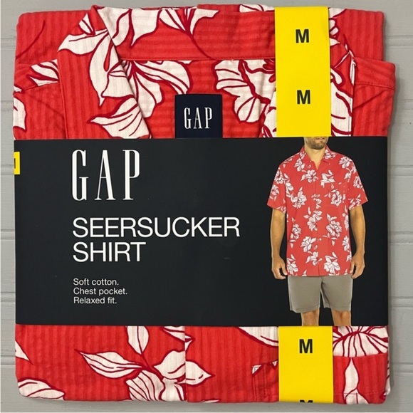 GAP Short Sleeve Button Down‎ Shirt Seersucker Mens Medium Red Floral NWT - Picture 1 of 7